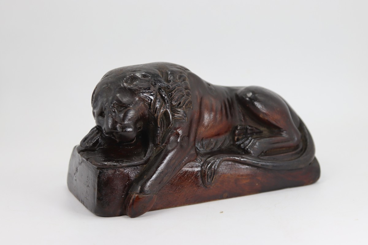 Bertel Thorvaldsen, After, Wooden Sculpture "the Lion Of Lucerne", 19th Century