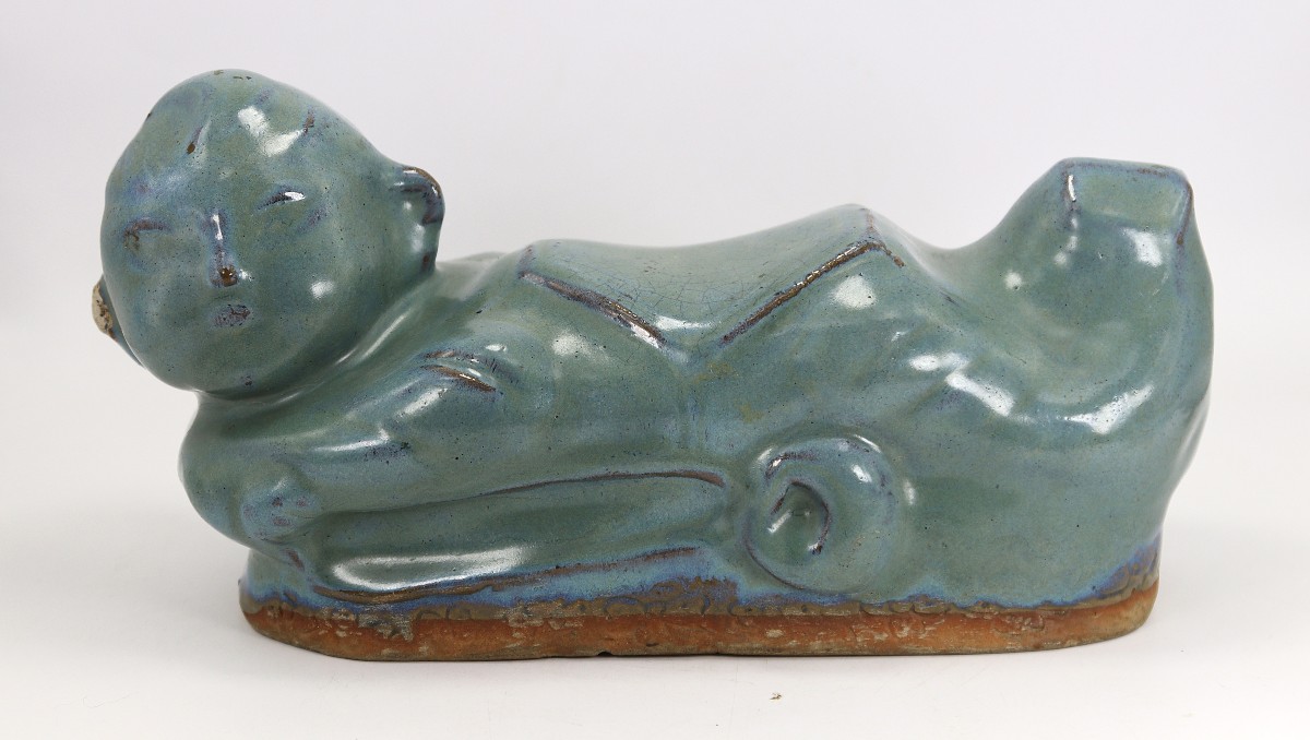China "qing Dynasty", Celadon Glazed Terracotta Headrest, Early 20th Century