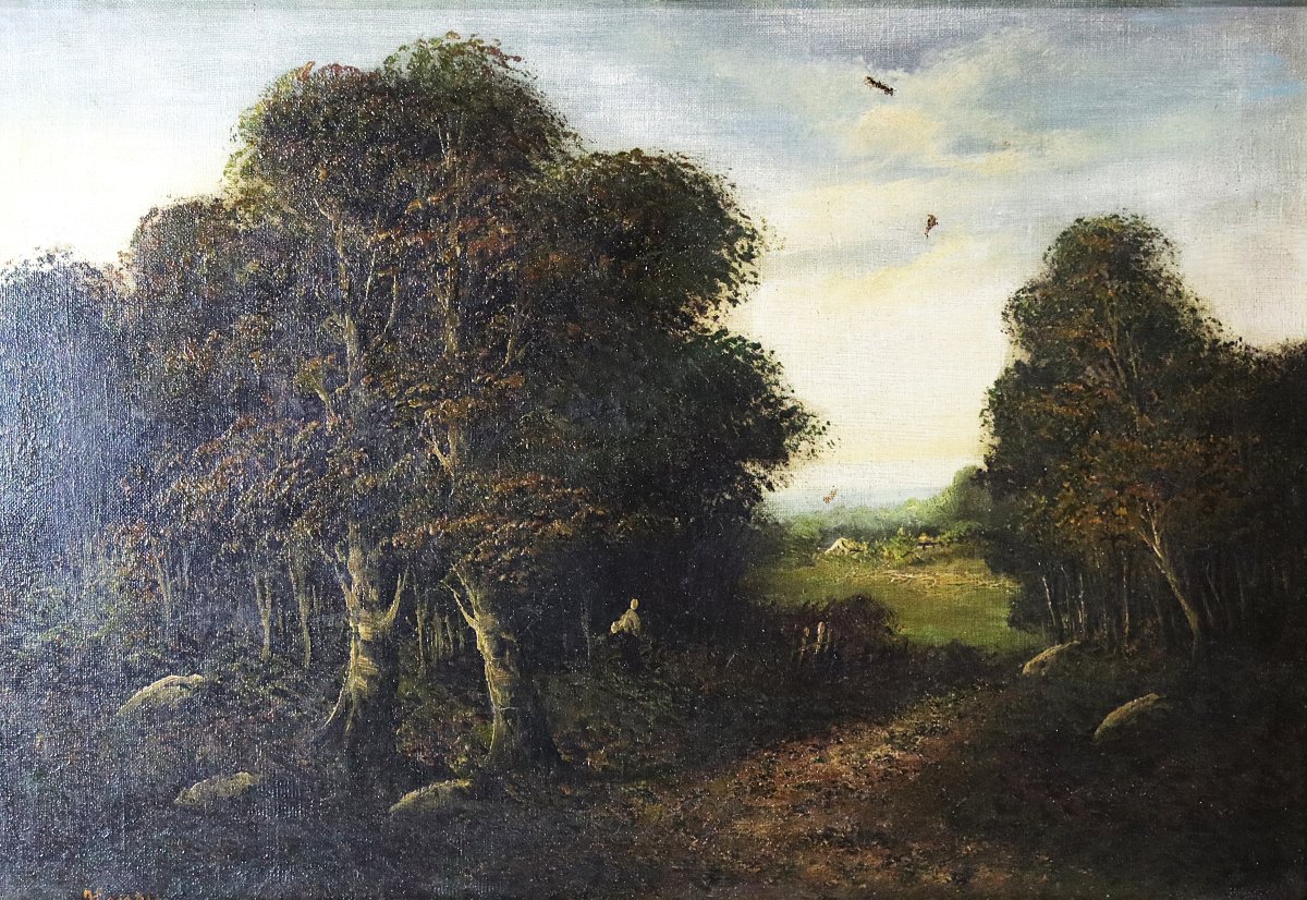 Lucien Félix HENRY, (1850 - 1896), Paire d'HST école de barbizon "Paysages", signés, XIXe-photo-1