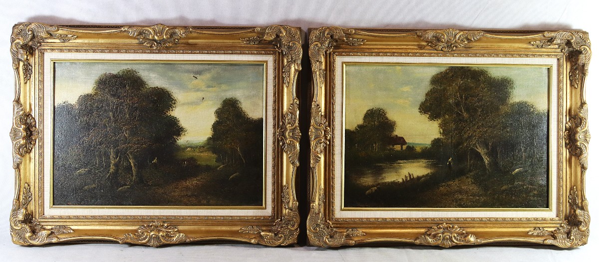 Lucien Félix HENRY, (1850 - 1896), Paire d'HST école de barbizon "Paysages", signés, XIXe