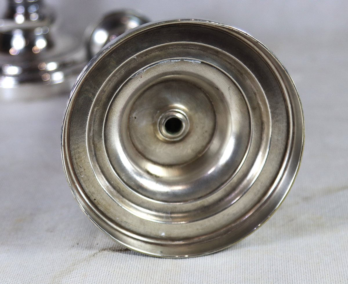 Paire de bougeoirs en métal Argenté, style Empire, XXe-photo-3