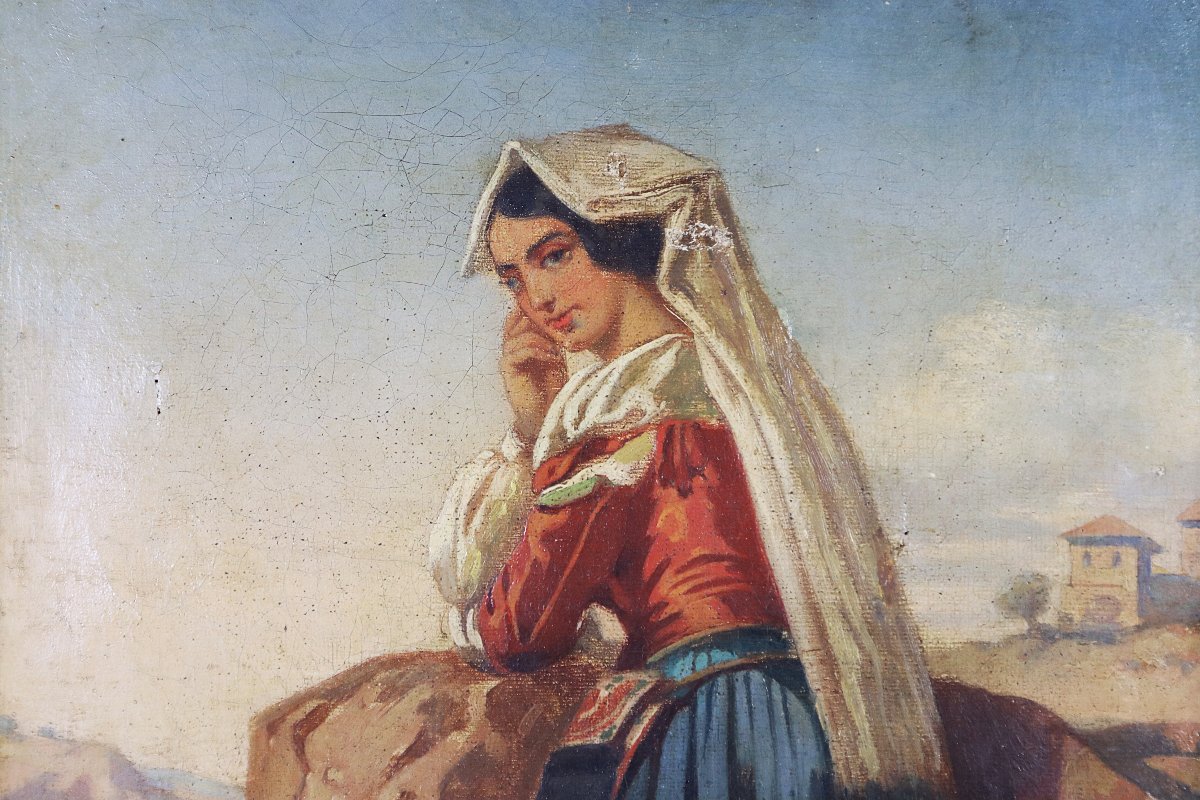 Léopold ROBERT (1794-1835)HST " Italienne de la campagne Romaine ", signé L.R, XIXe-photo-3