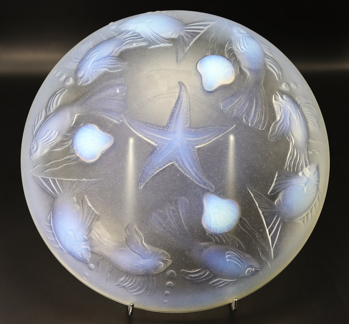 Opalescent Iridescent Pressed Glass Bowl "with Fish", Signed, 20th Century-photo-2