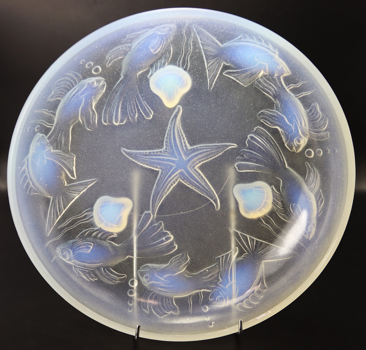 Opalescent Iridescent Pressed Glass Bowl "with Fish", Signed, 20th Century