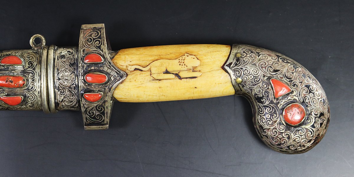 Mughal-style Khanjar Knife, Silver, Coral And Bone Mount, 19th Century-photo-3