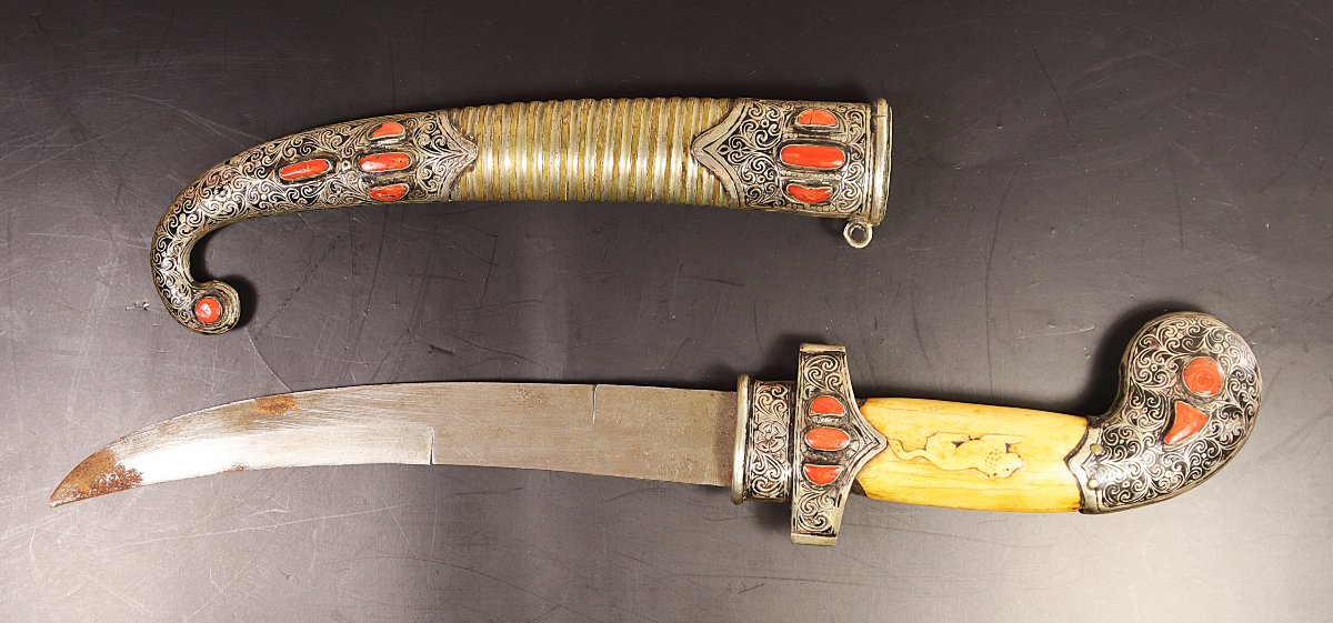 Mughal-style Khanjar Knife, Silver, Coral And Bone Mount, 19th Century-photo-3