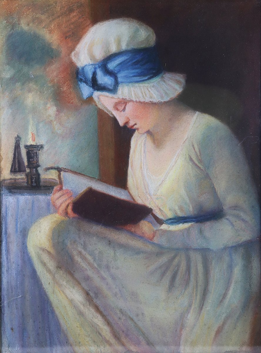 D'après George ROMNEY (1734-1802), Pastel " Serena lisant ", XIXe-photo-2