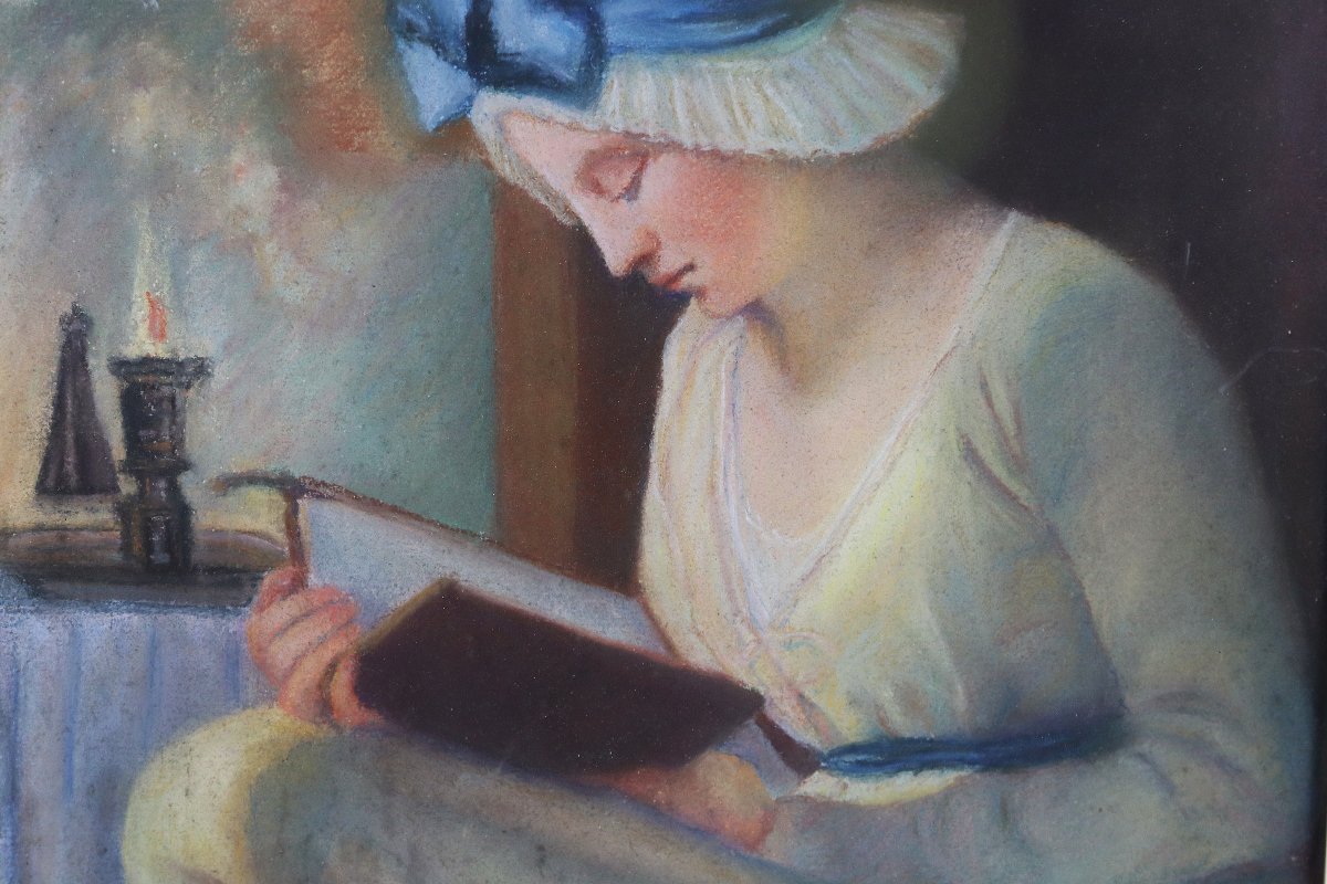 D'après George ROMNEY (1734-1802), Pastel " Serena lisant ", XIXe-photo-4