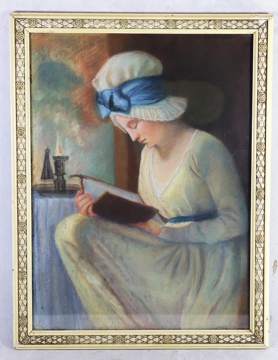 D'après George ROMNEY (1734-1802), Pastel " Serena lisant ", XIXe