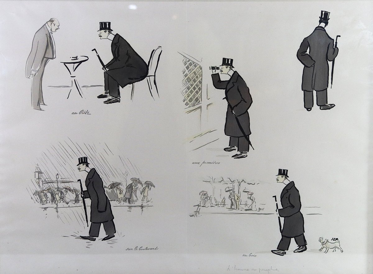 Georges Goursat dit SEM (1863-1934), Lithographie " l'homme au parapluie ", signé, vers 1910-photo-2
