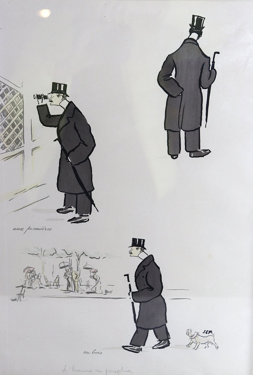 Georges Goursat dit SEM (1863-1934), Lithographie " l'homme au parapluie ", signé, vers 1910-photo-3