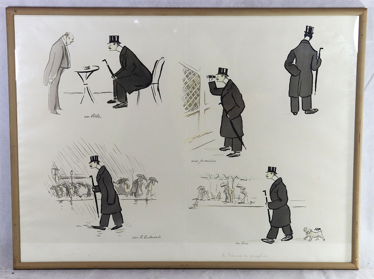 Georges Goursat dit SEM (1863-1934), Lithographie " l'homme au parapluie ", signé, vers 1910