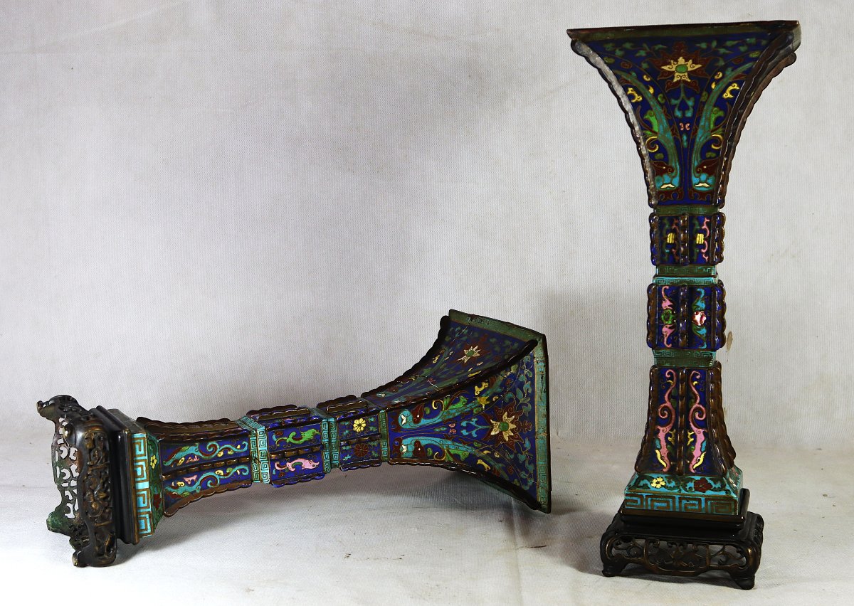 Paire de VASES CORNET (HU) en céramique, Chine XIXe-photo-2