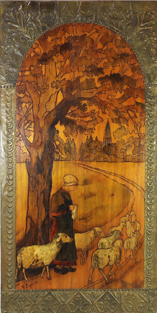 Art Nouveau, Pyrography On Panel "shepherdess And Her Sheep", Signed.-photo-2