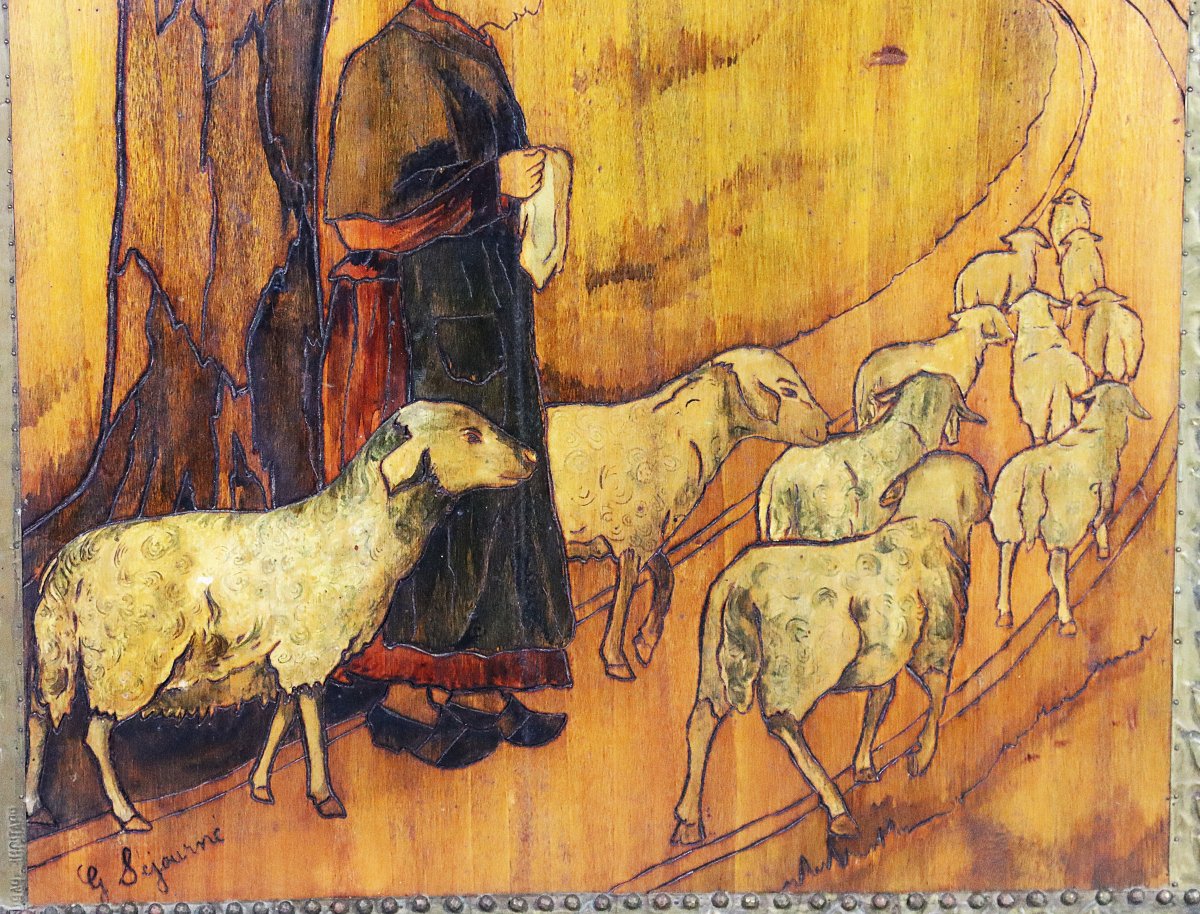 Art Nouveau, Pyrography On Panel "shepherdess And Her Sheep", Signed.-photo-3