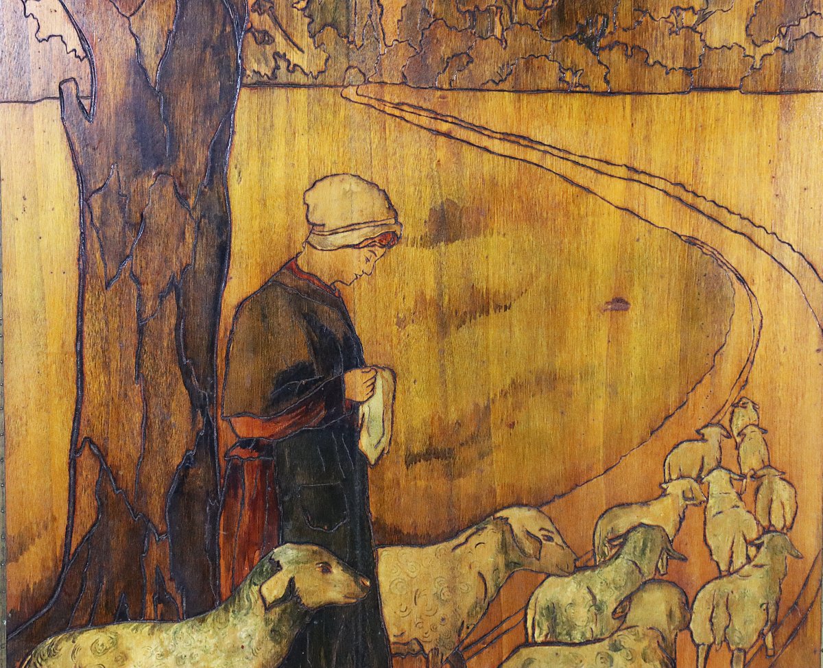 Art Nouveau, Pyrography On Panel "shepherdess And Her Sheep", Signed.-photo-4