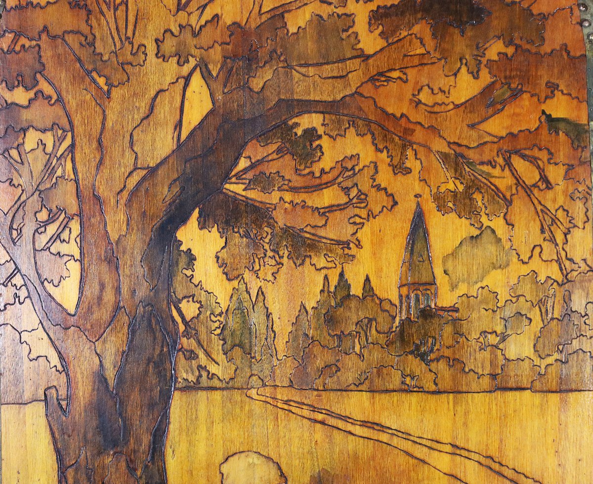 Art Nouveau, Pyrography On Panel "shepherdess And Her Sheep", Signed.-photo-1