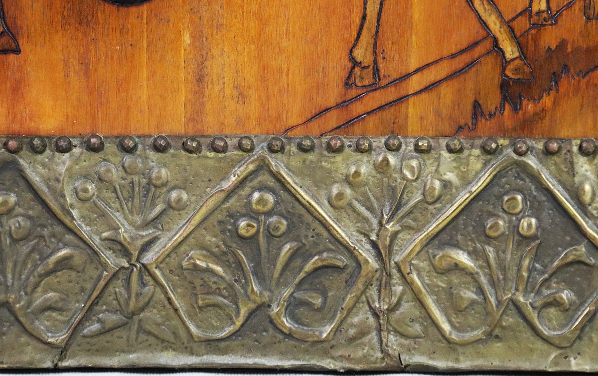 Art Nouveau, Pyrography On Panel "shepherdess And Her Sheep", Signed.-photo-5