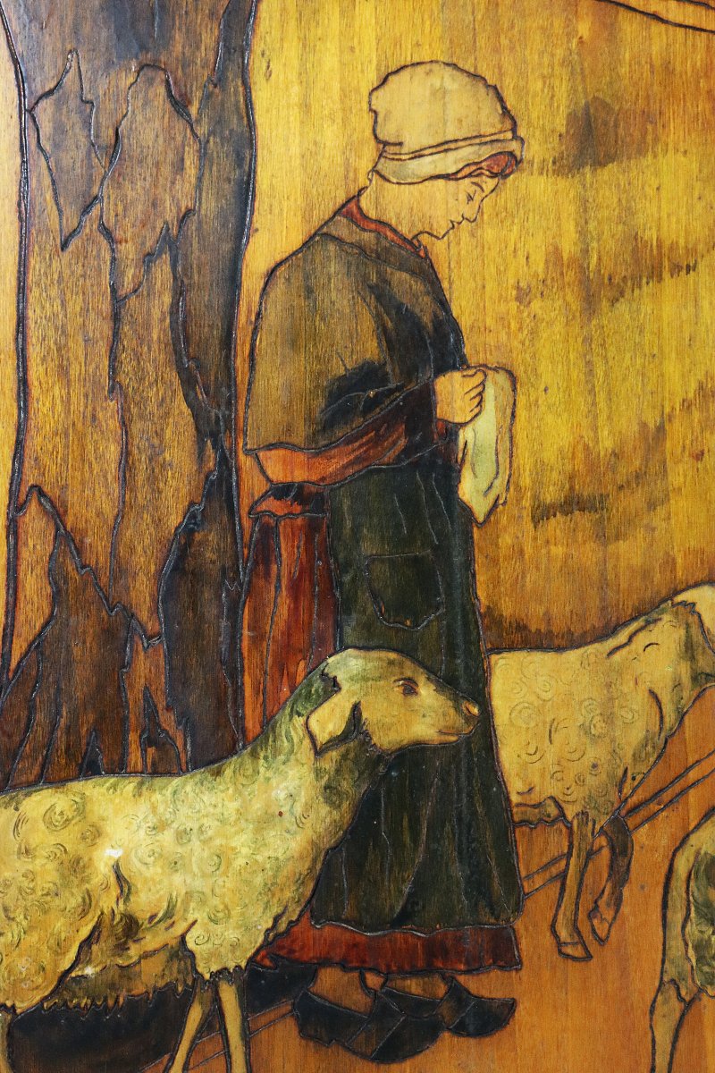 Art Nouveau, Pyrography On Panel "shepherdess And Her Sheep", Signed.-photo-6
