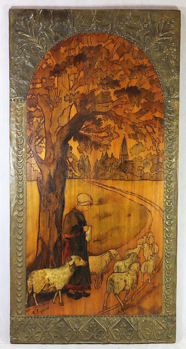 Art Nouveau, Pyrography On Panel "shepherdess And Her Sheep", Signed.