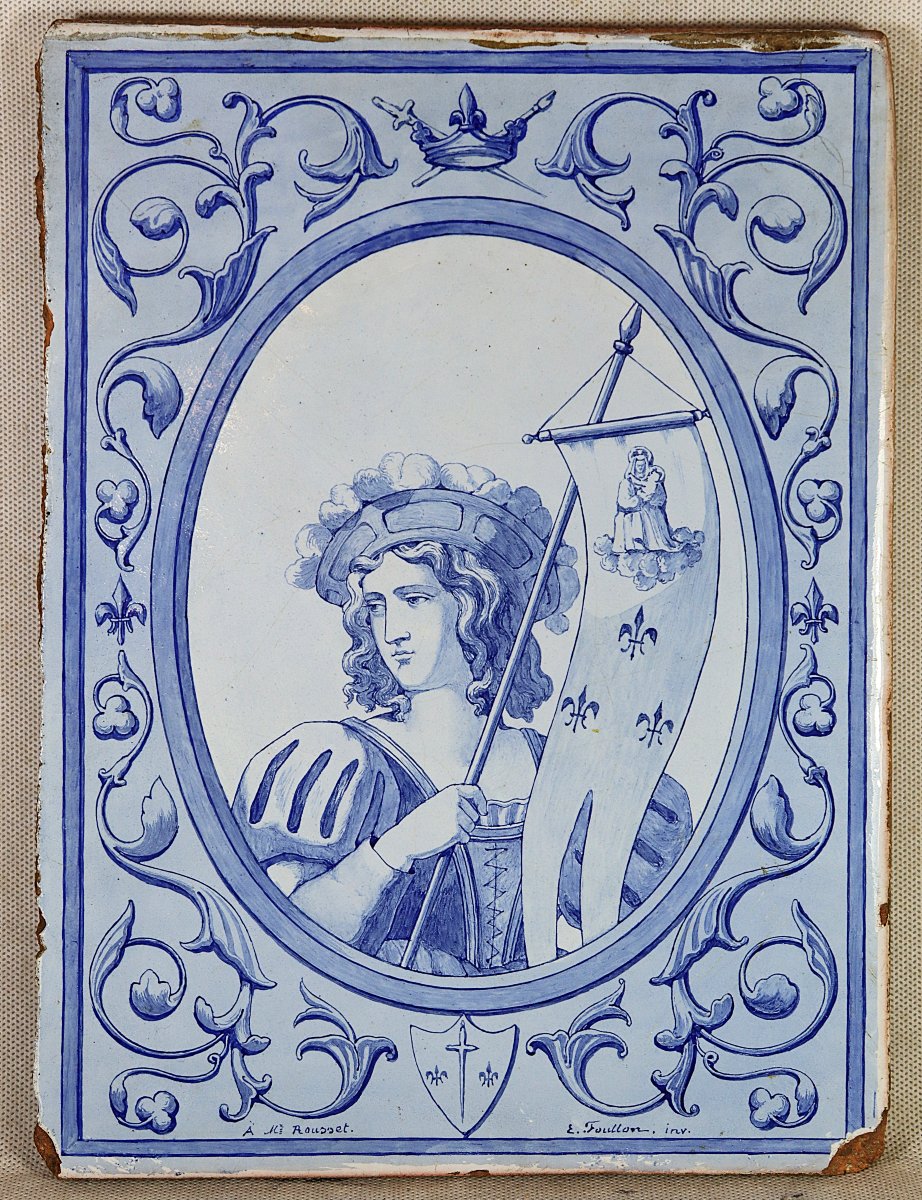 Large Earthenware Tile "joan Of Arc", Signed, 19th Century -photo-2