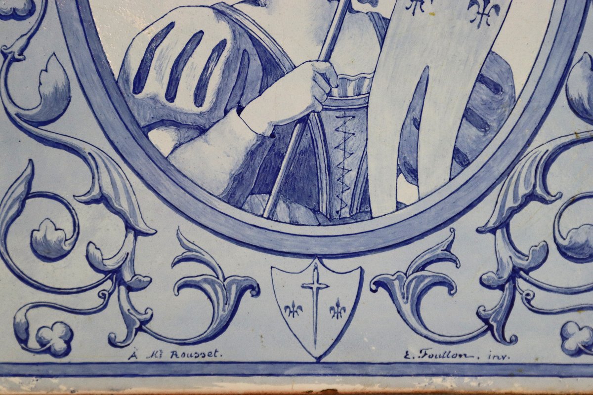 Large Earthenware Tile "joan Of Arc", Signed, 19th Century -photo-3