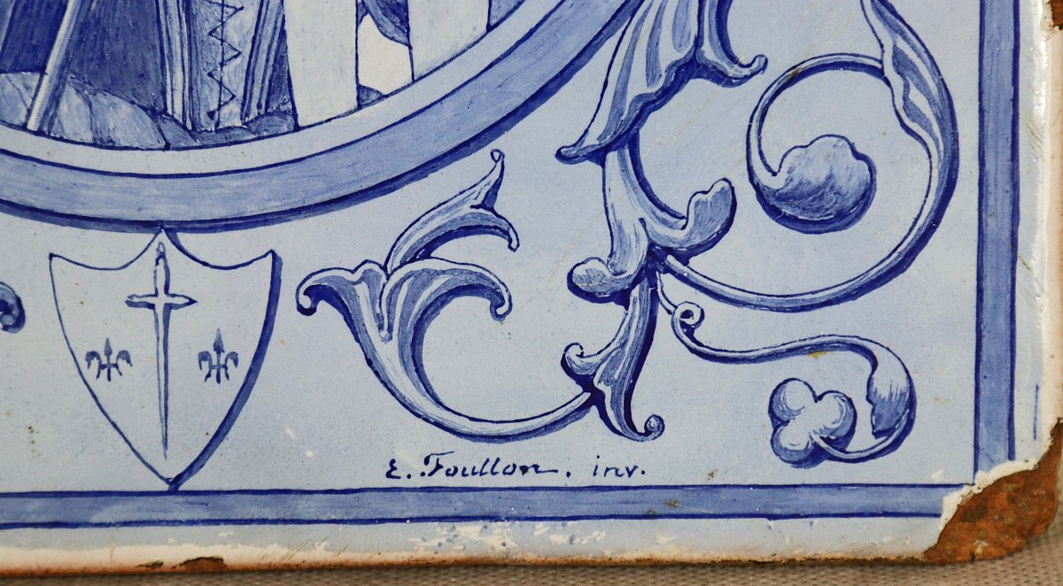 Large Earthenware Tile "joan Of Arc", Signed, 19th Century -photo-1