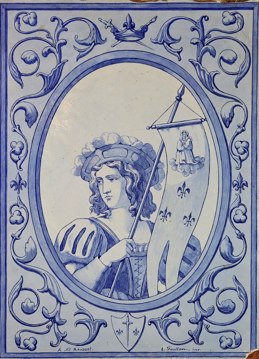 Large Earthenware Tile "joan Of Arc", Signed, 19th Century 