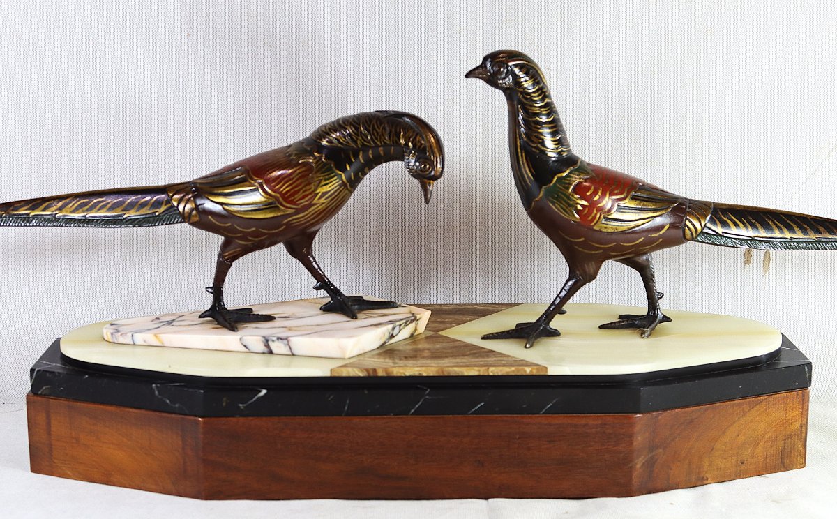 Bronze Sculpture "group Of Gilded And Enameled Pheasants", Art Deco, 1930-photo-2