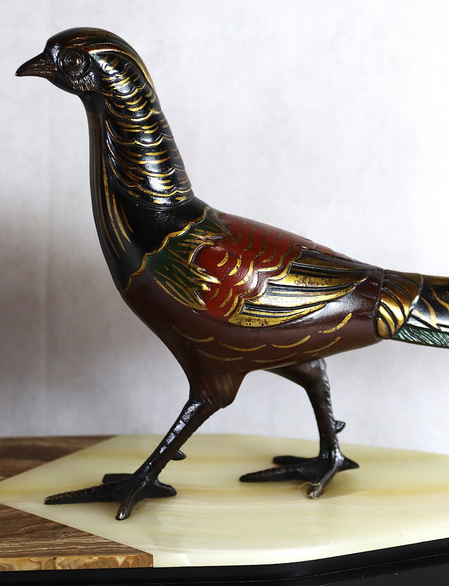 Bronze Sculpture "group Of Gilded And Enameled Pheasants", Art Deco, 1930-photo-3
