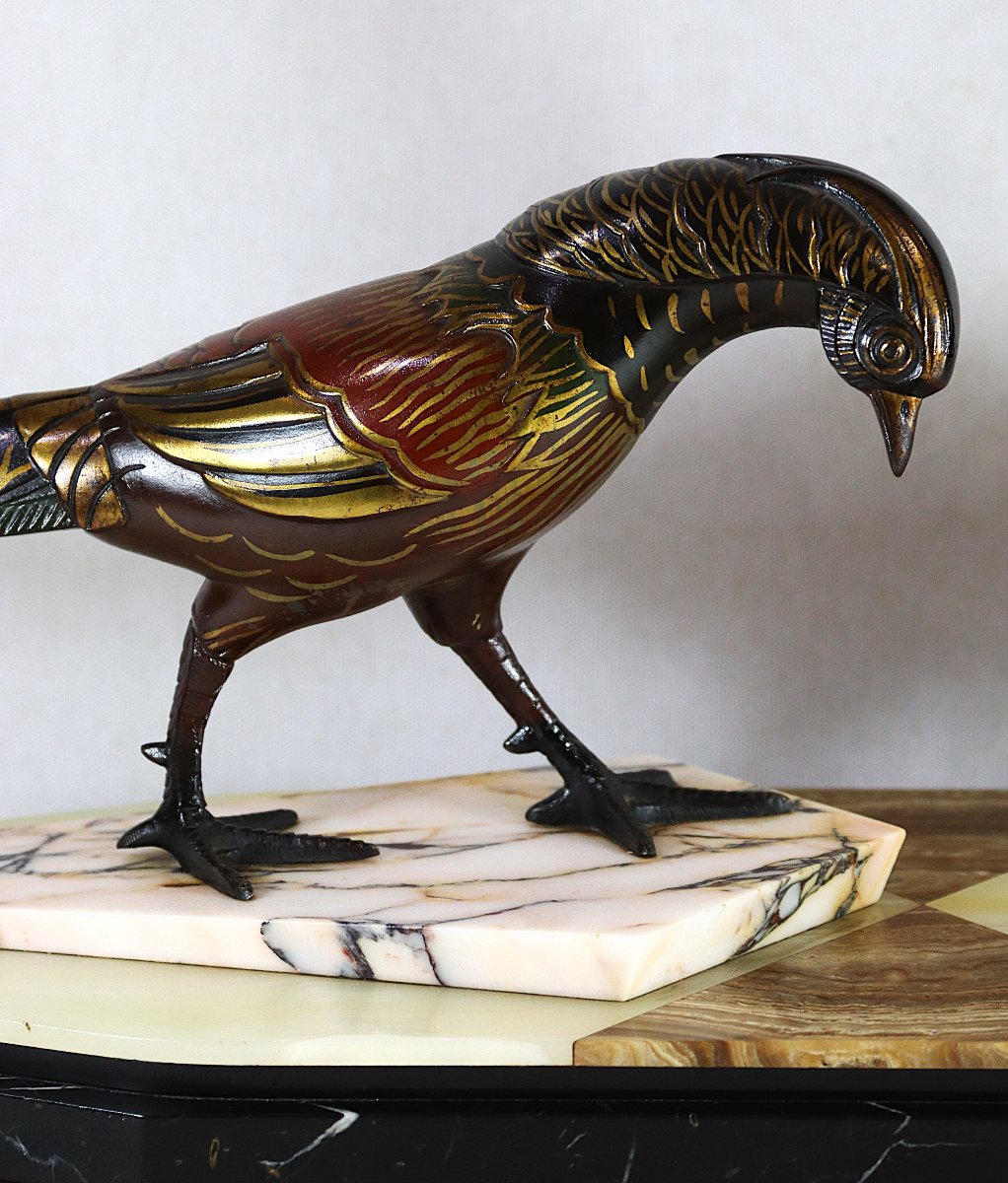 Bronze Sculpture "group Of Gilded And Enameled Pheasants", Art Deco, 1930-photo-4