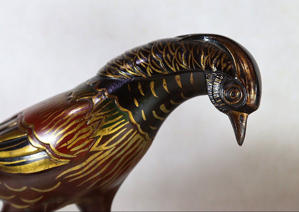 Bronze Sculpture "group Of Gilded And Enameled Pheasants", Art Deco, 1930-photo-2