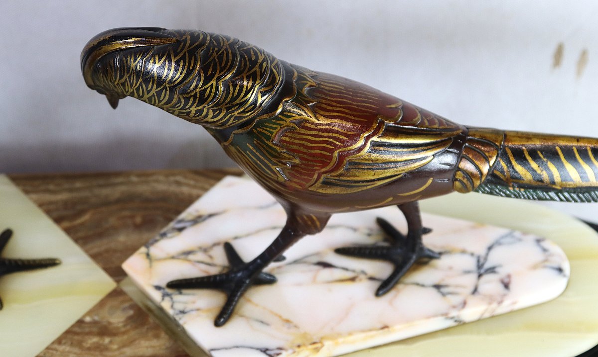 Bronze Sculpture "group Of Gilded And Enameled Pheasants", Art Deco, 1930-photo-4