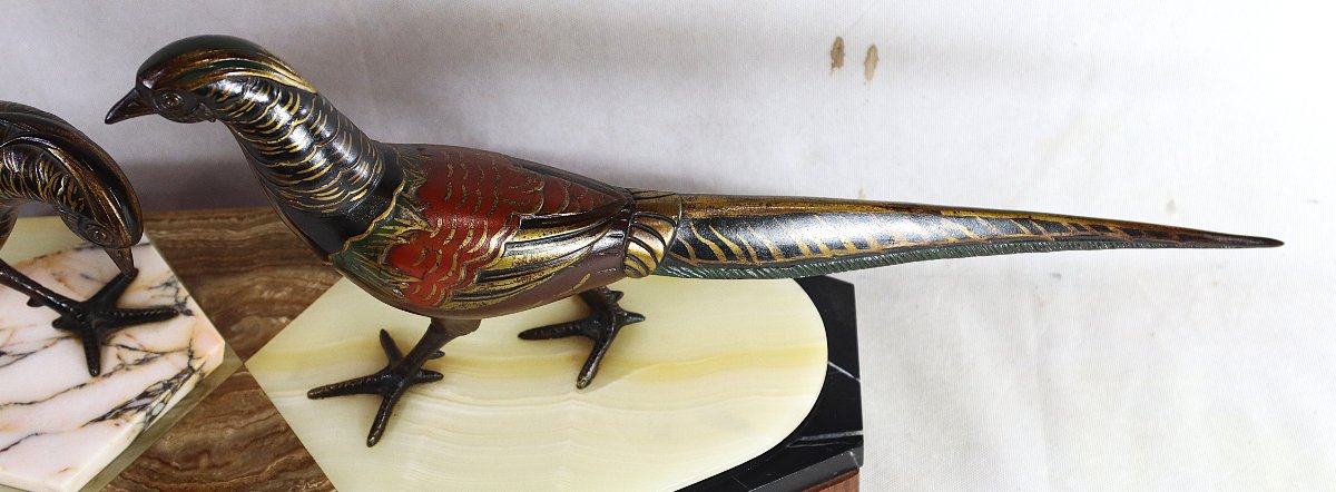 Bronze Sculpture "group Of Gilded And Enameled Pheasants", Art Deco, 1930-photo-6
