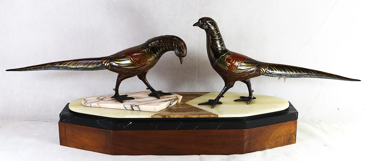 Bronze Sculpture "group Of Gilded And Enameled Pheasants", Art Deco, 1930