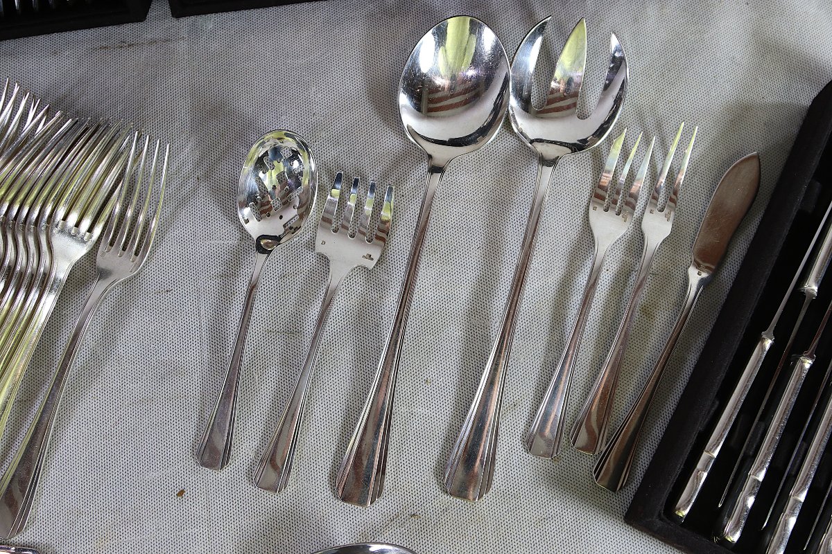 Luc Lanel For Christofle, Art Deco Silver-plated Flatware Set, 132 Pieces, 1930-photo-3