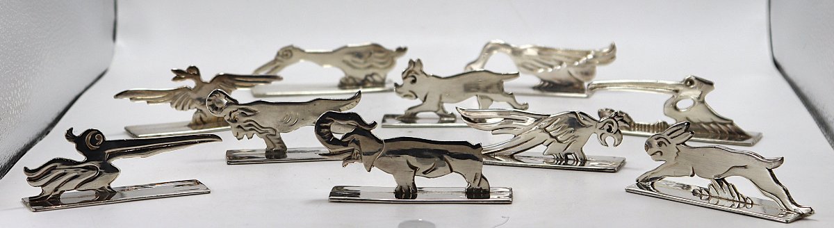 Benjamin Rabier, suite de 10 porte-couteaux zoomorphes en métal argenté, XXe-photo-2