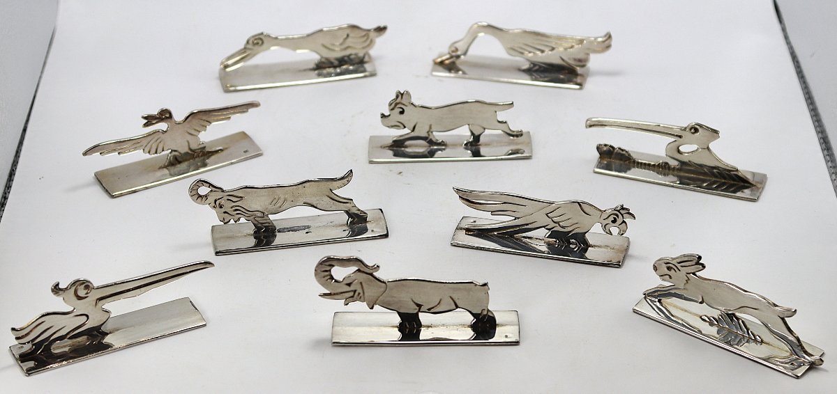 Benjamin Rabier, suite de 10 porte-couteaux zoomorphes en métal argenté, XXe-photo-3