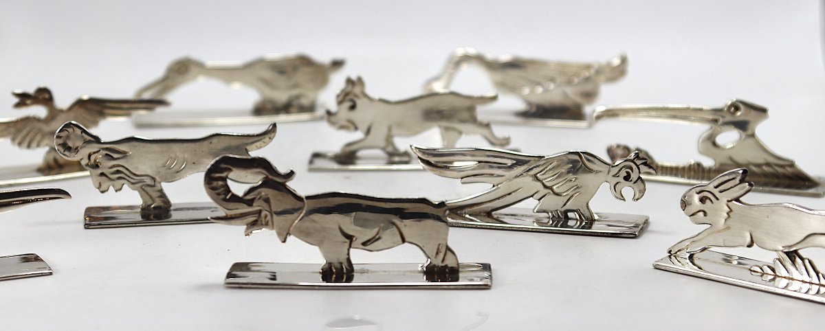 Benjamin Rabier, suite de 10 porte-couteaux zoomorphes en métal argenté, XXe-photo-4