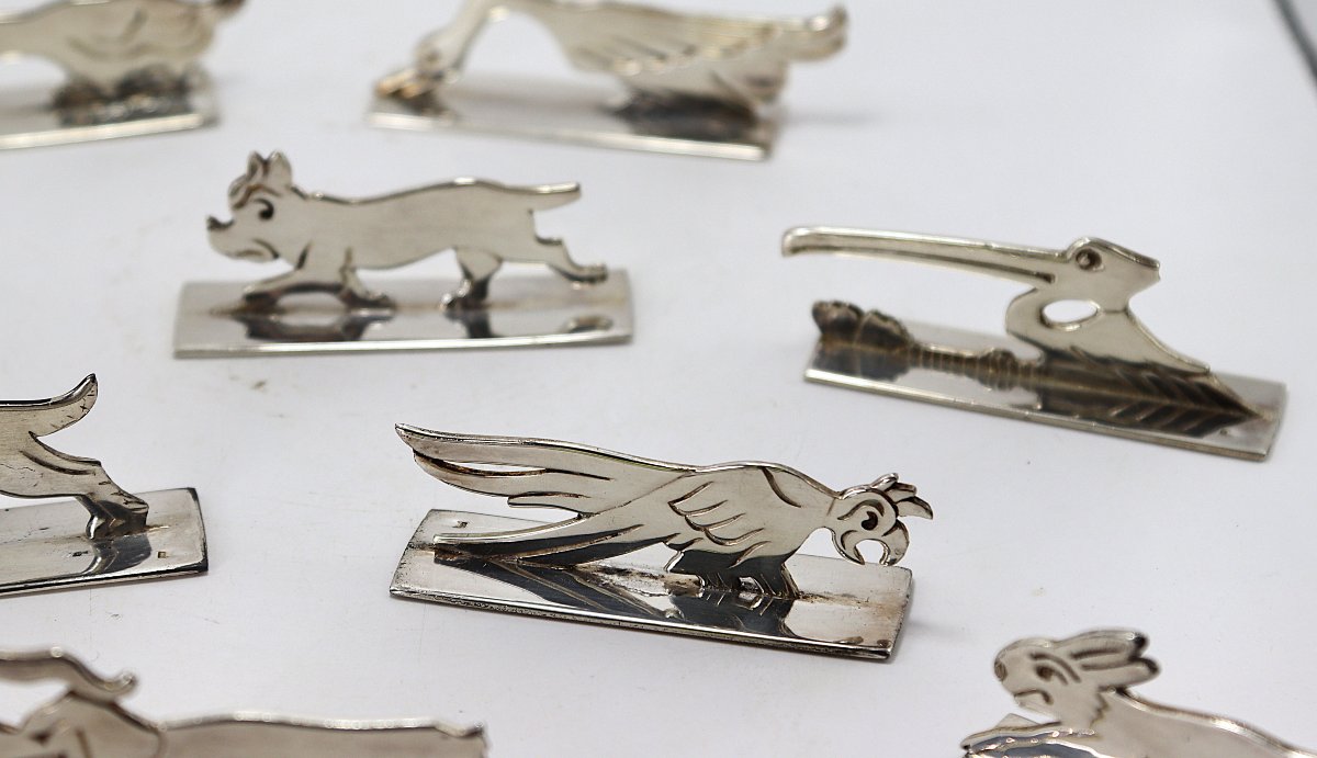 Benjamin Rabier, suite de 10 porte-couteaux zoomorphes en métal argenté, XXe-photo-7