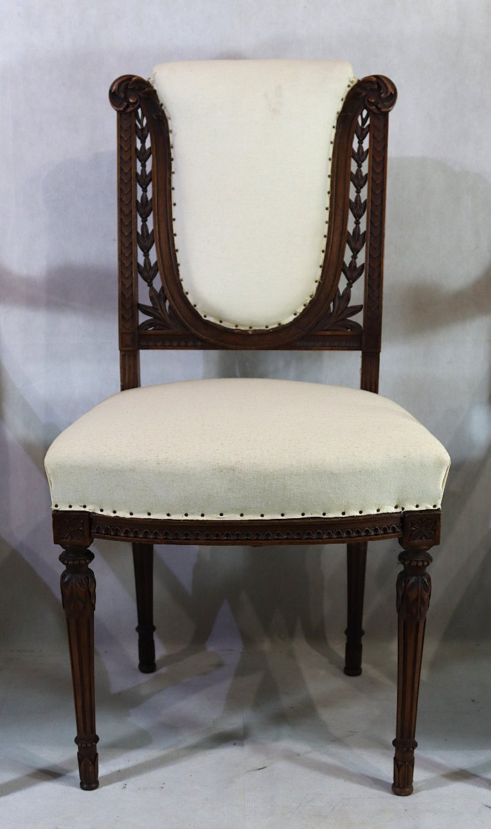 Ensemble de deux fauteuils et une chaises de style Louis XVI, XIXe-photo-4