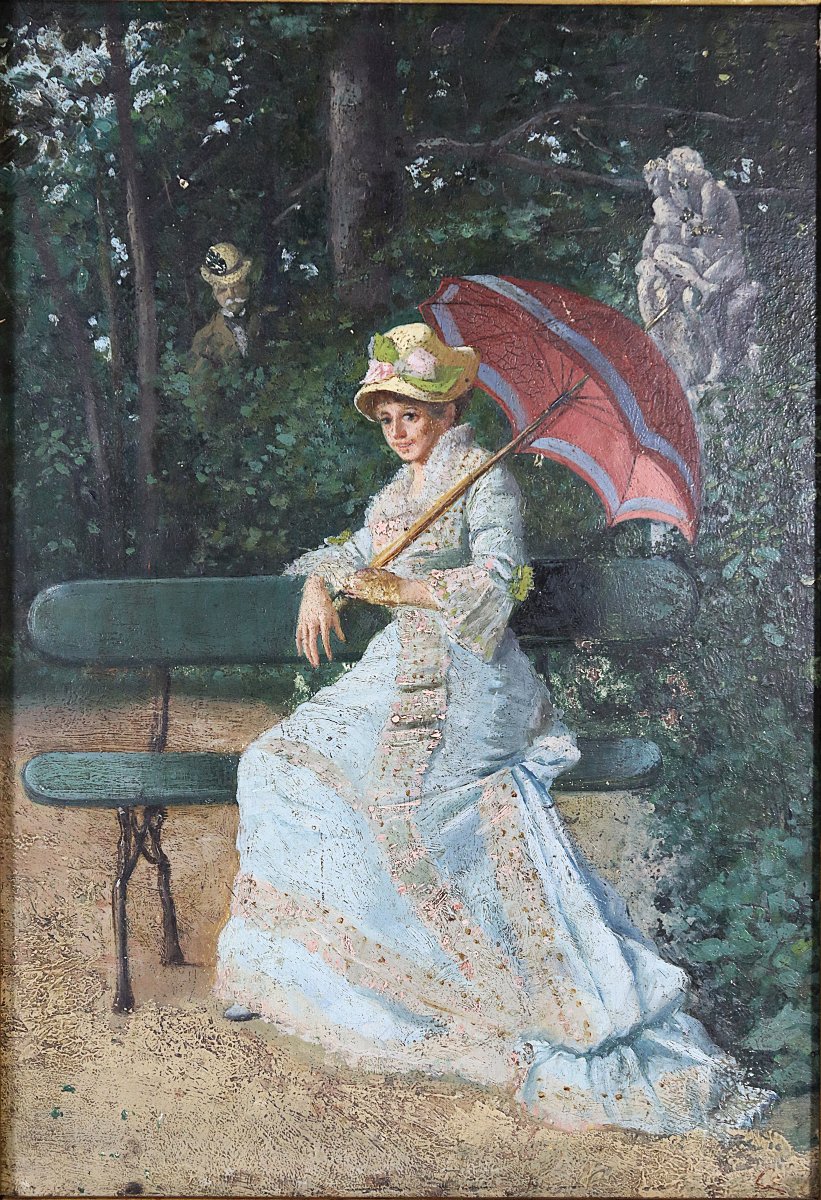 Oil Painting On Panel, "woman With A Parasol", Signed, 19th Century.-photo-2
