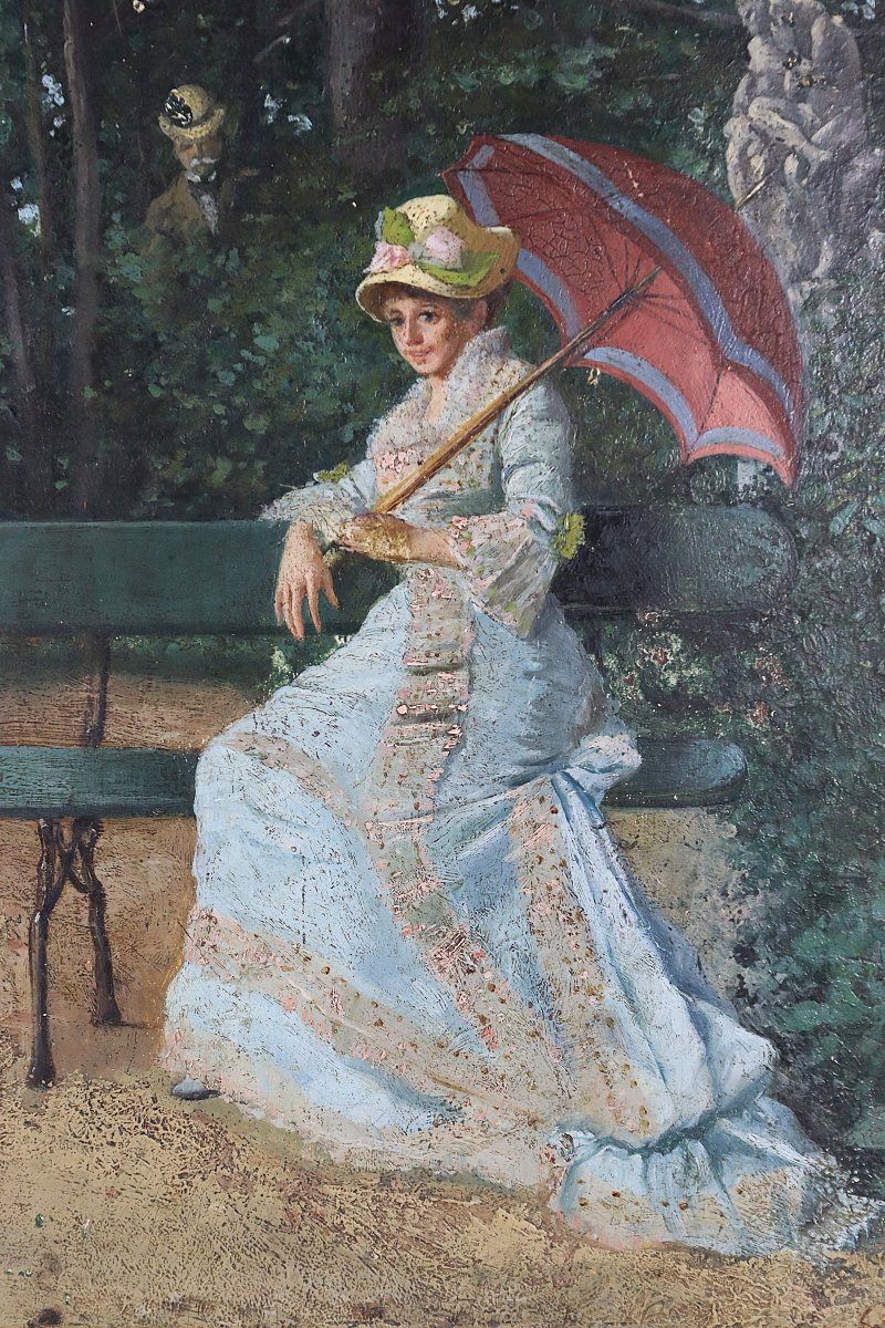 Oil Painting On Panel, "woman With A Parasol", Signed, 19th Century.-photo-3