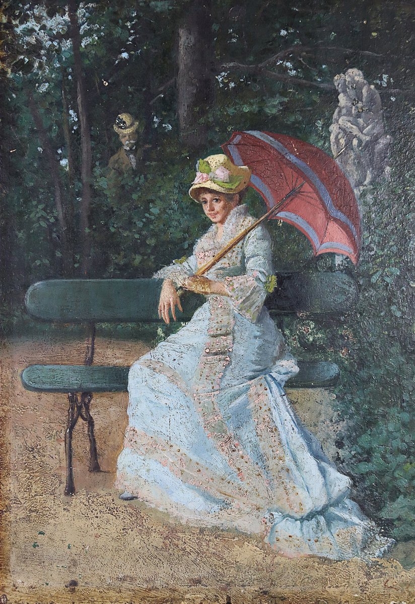 Oil Painting On Panel, "woman With A Parasol", Signed, 19th Century.-photo-1