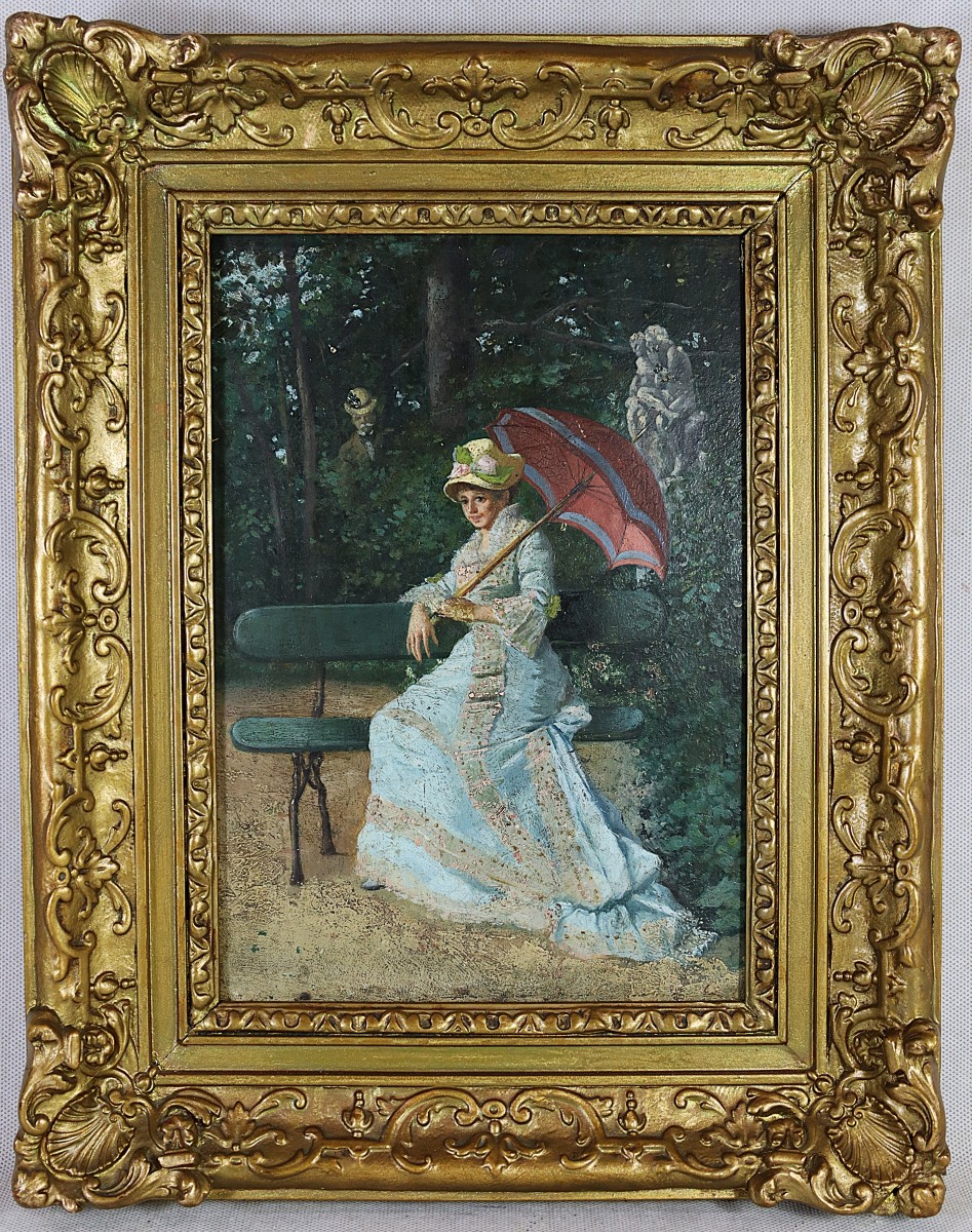 Oil Painting On Panel, "woman With A Parasol", Signed, 19th Century.