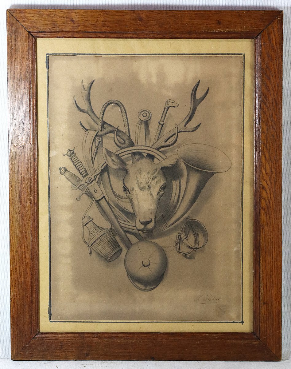 F. Kohler (actif au XIXe), Paire de Dessins " Attribues de Chasse et pêche ", signés, XIXe-photo-2