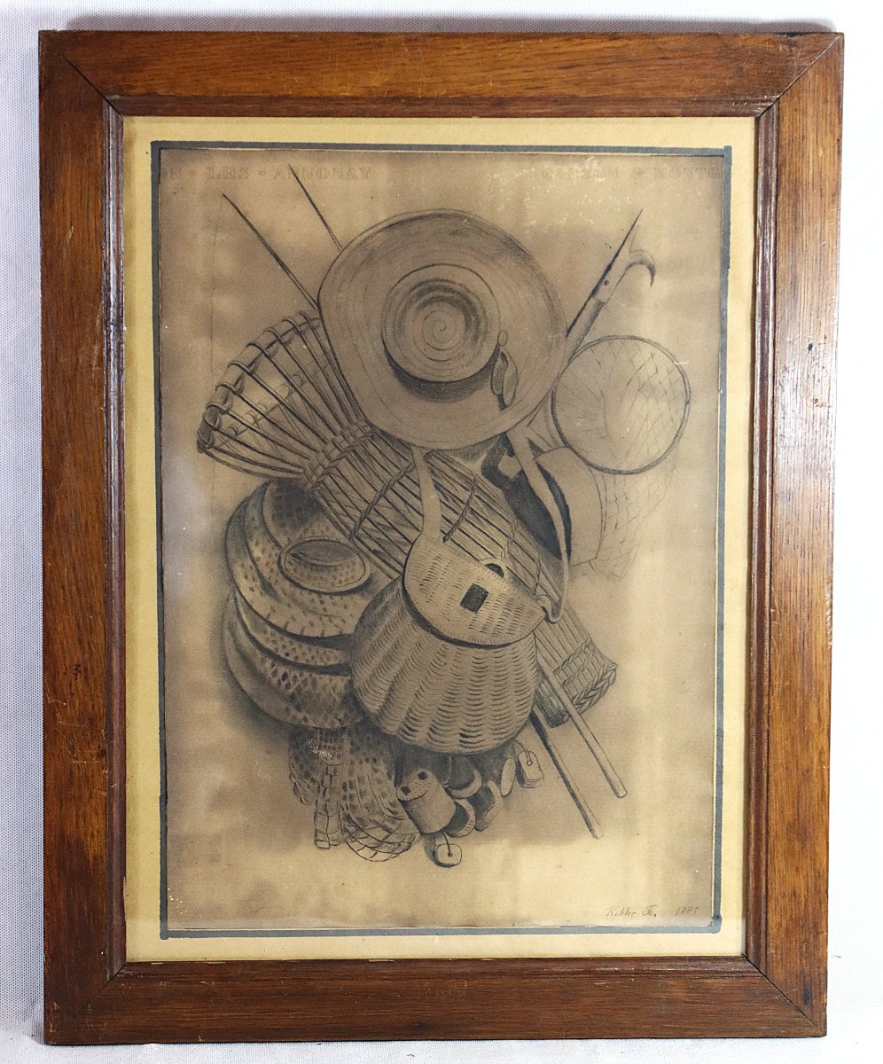 F. Kohler (actif au XIXe), Paire de Dessins " Attribues de Chasse et pêche ", signés, XIXe-photo-3