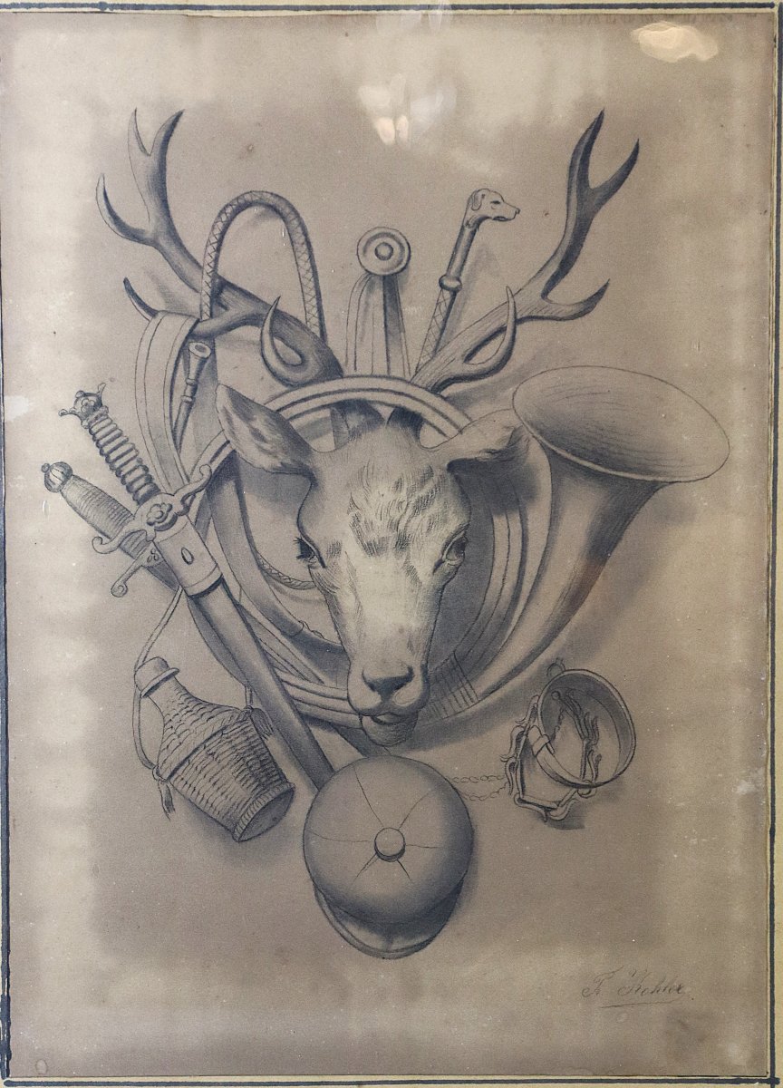 F. Kohler (actif au XIXe), Paire de Dessins " Attribues de Chasse et pêche ", signés, XIXe-photo-2