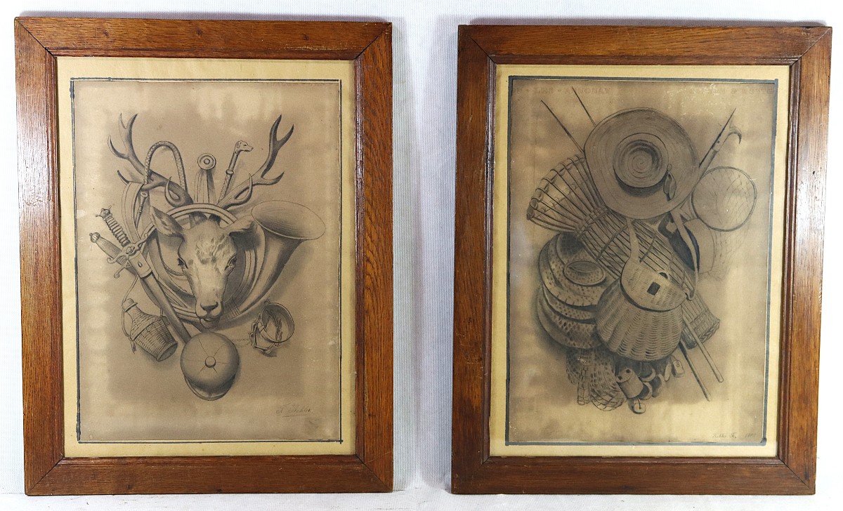 F. Kohler (actif au XIXe), Paire de Dessins " Attribues de Chasse et pêche ", signés, XIXe