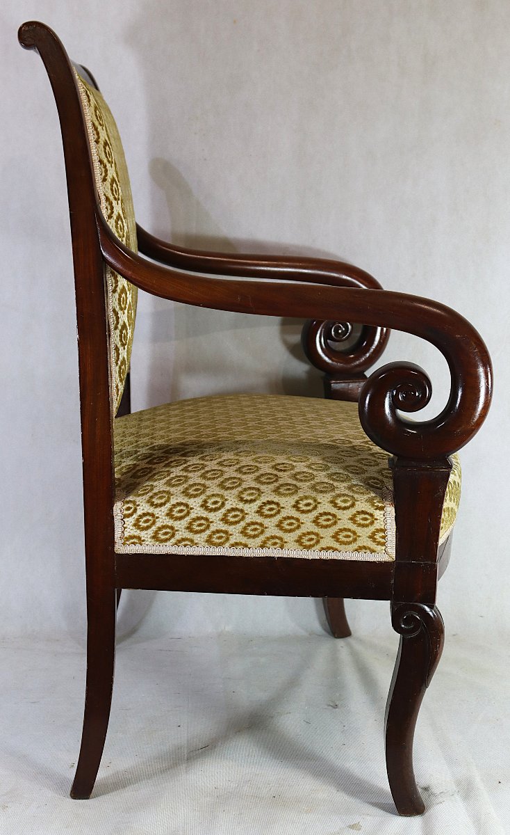 Mahogany Armchair With Scrolled Arms, Restoration Period, 19th Century-photo-5